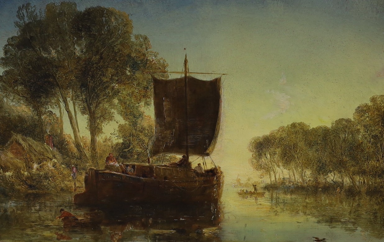 William Joseph Julius Caesar Bond (1833-1926), oil on wooden panel, River landscape with sail barge, signed on the bow of the boat, 26.5 x 41cm